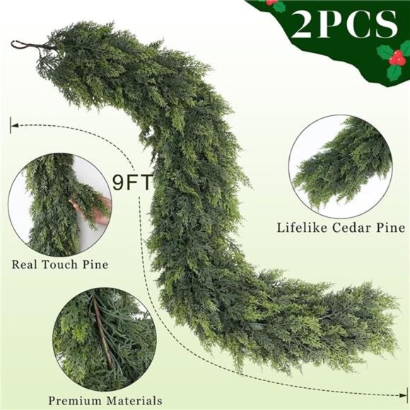 Real Touch Christmas Cedar Garland -9ft Artificial Garlands Faux Cedar - Picture 5 of 7